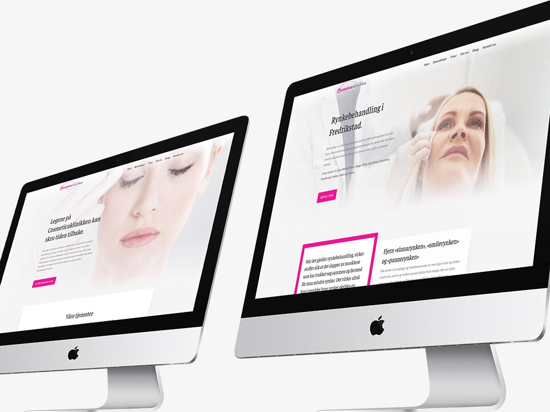 Hjemmesiden til Cosmeticaklinikken vist på to iMac-modeller