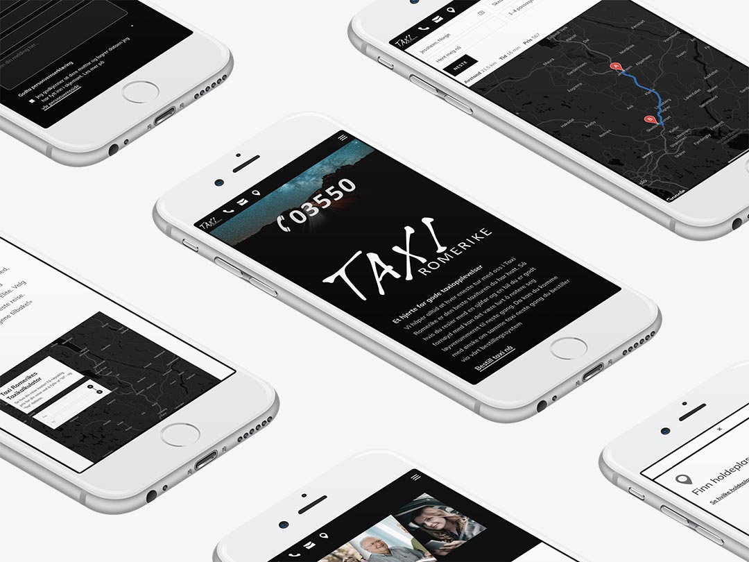 Hjemmesiden til Taxi Romerike vist på flere hvite iPhone-modeller