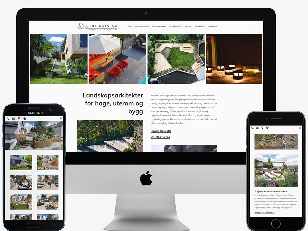 Hjemmesiden til Trifolia vist på en iMac, en Samsung-telefon og en iPhone