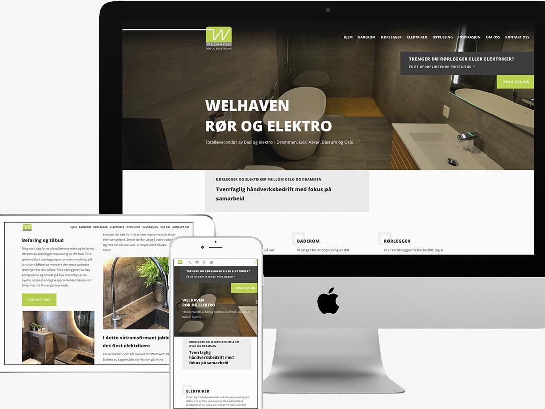 Hjemmesiden til Welhaven Rør og Elektro vist på en iPhone, en iPad og en iMac